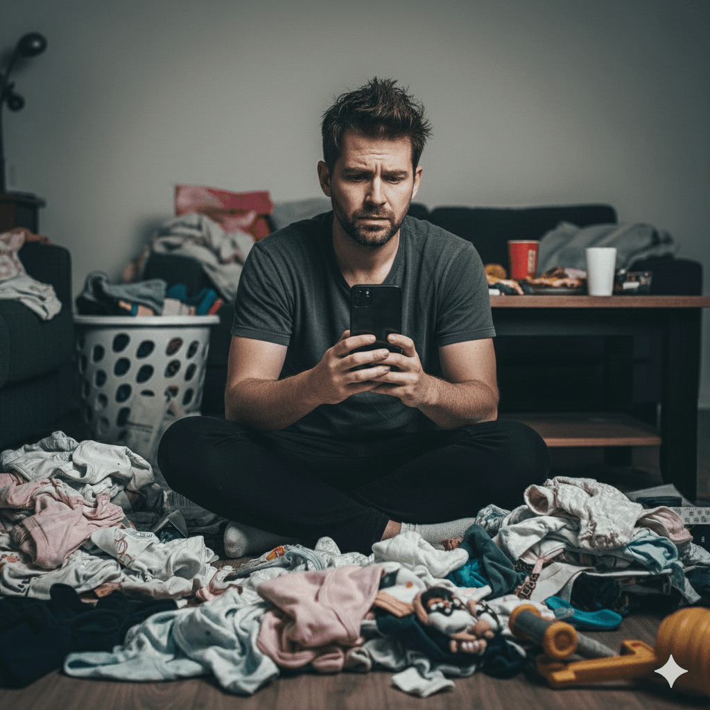 Frustrated parent selling items